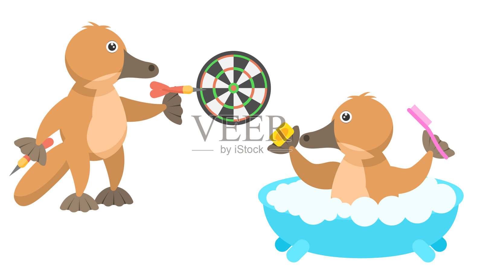 设置抽象集合平面卡通 不同的动物鸭嘴兽，鸭嘴兽玩飞镖，洗澡向量设计风格元素动物野生动物插画图片素材