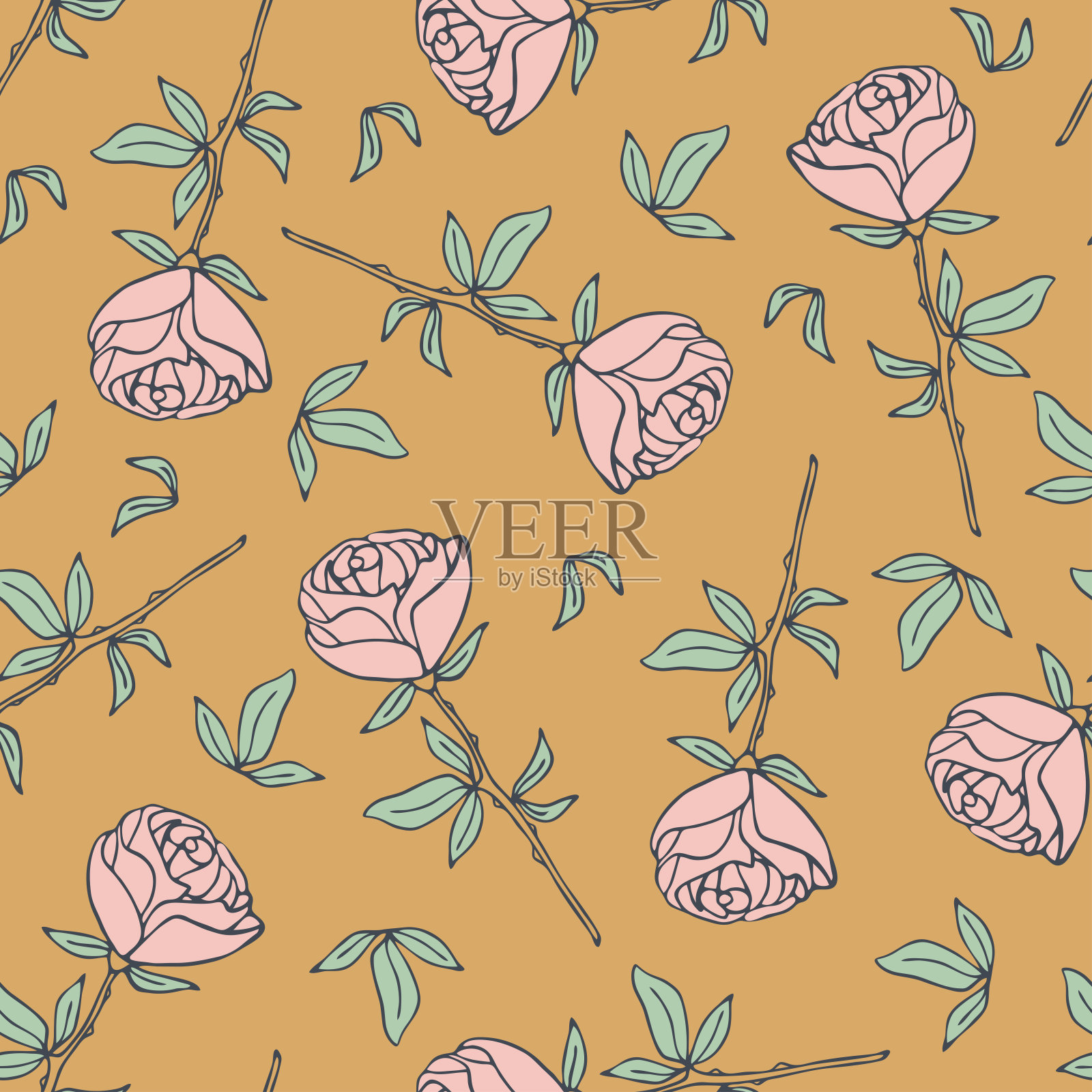 黄色背景复古粉色玫瑰重复矢量图插画图片素材