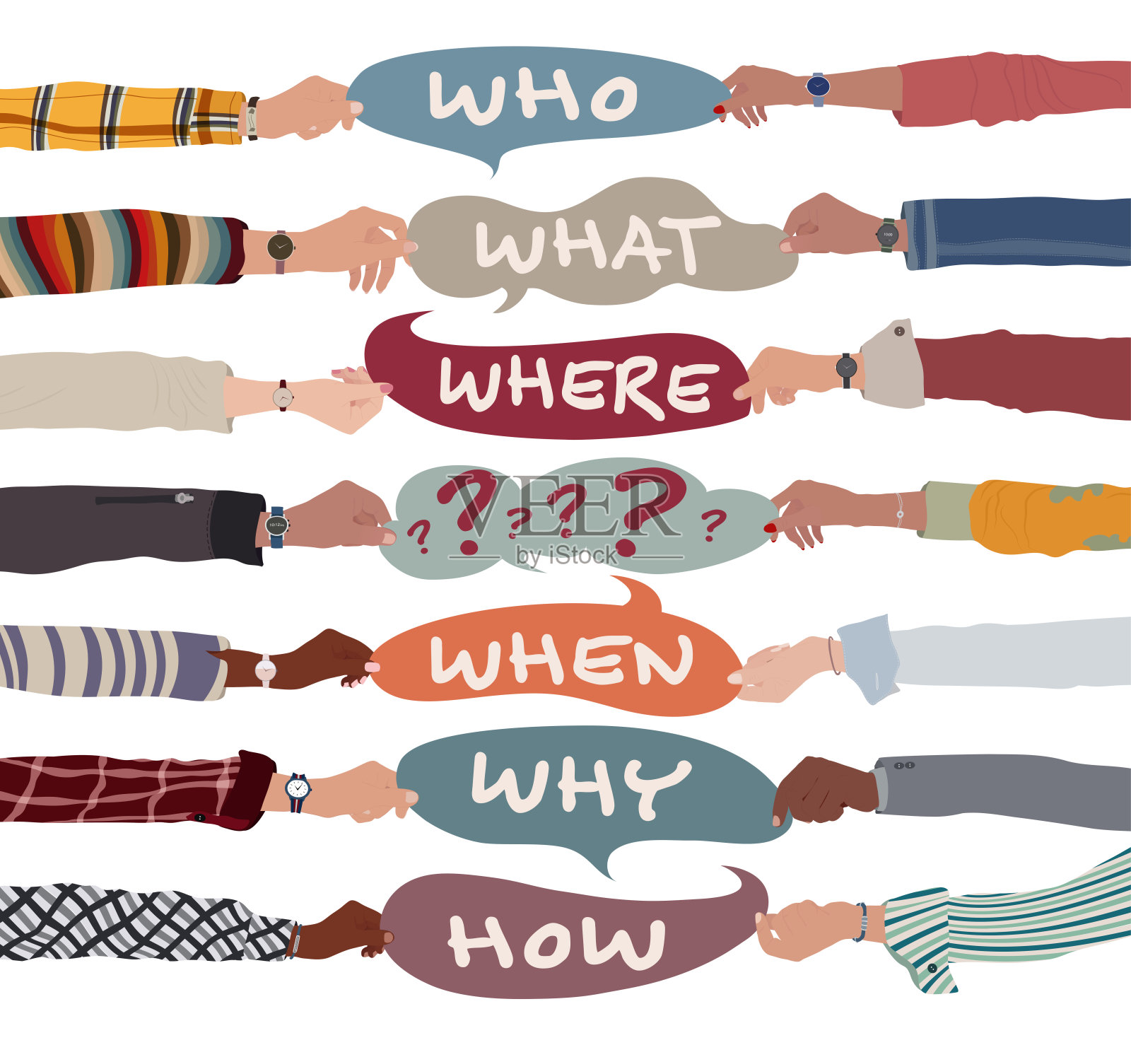 商务人士手中拿着文字泡泡，上面写着“谁，什么，哪里，何时，为什么，如何”和问号符号。调查和解决问题。解决问题-头脑风暴的概念插画图片素材