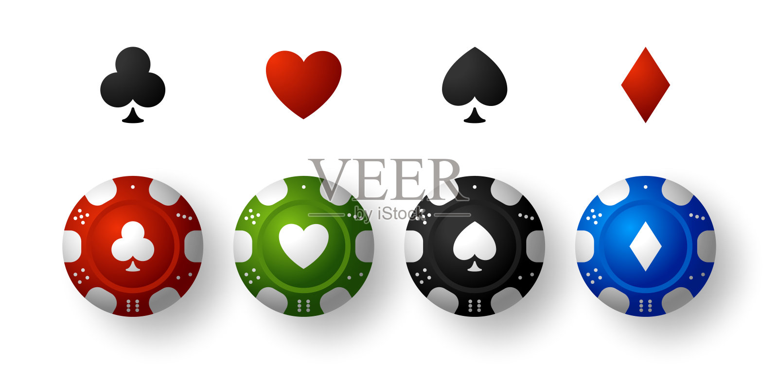 扑克赌场芯片卡符号设置。彩色赌场筹码设置孤立的白色背景。矢量插图。插画图片素材