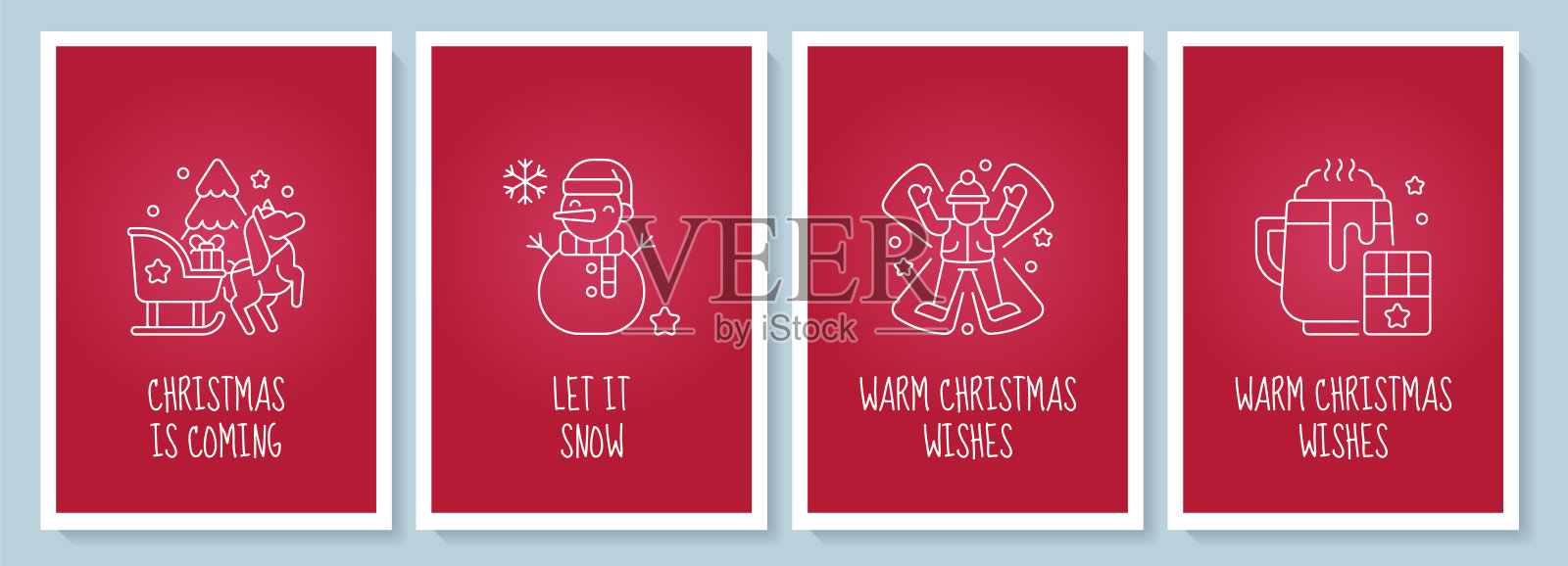 庆祝圣诞佳节明信片与线性字形图标集设计模板素材