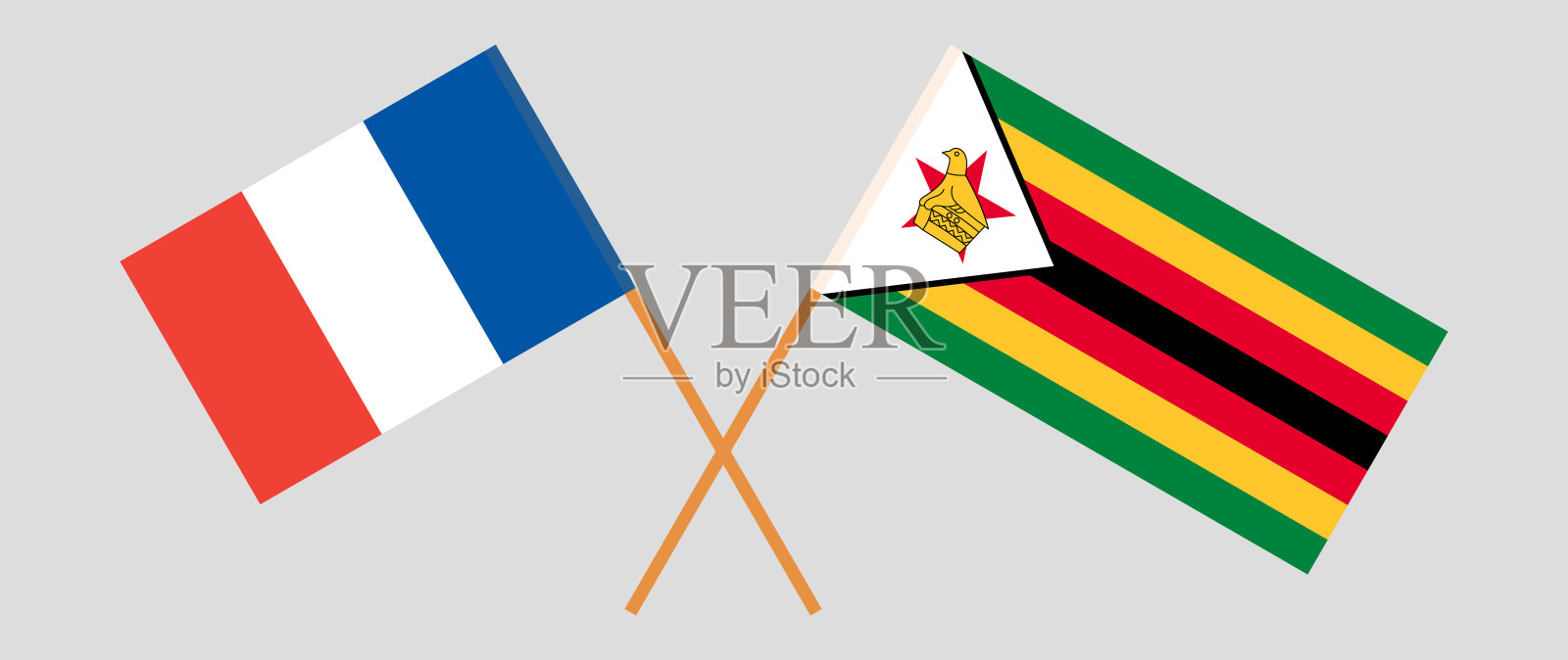 法国和津巴布韦共和国的交叉国旗。官方色彩。正确的比例插画图片素材