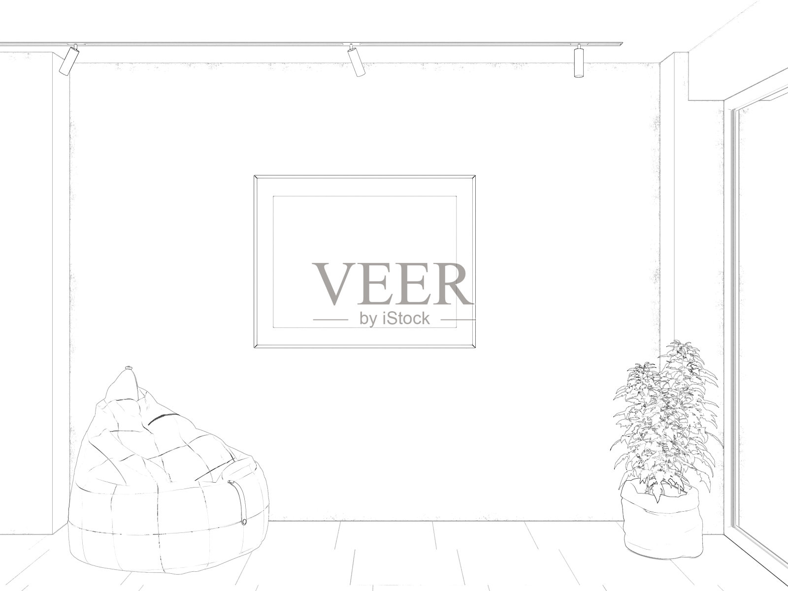 这是一间现代极简主义房间的草图，墙上挂着一张水平海报，靠近一扇大窗户的帆布袋里放着一株番茄丛，瓷砖地板上放着一张豆袋椅，天花板上嵌着几盏灯。照片摄影图片