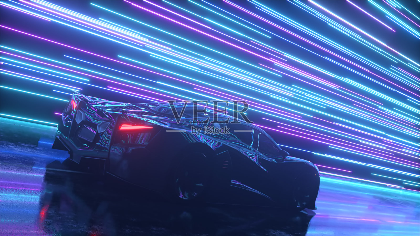未来的概念。跑车在发光的霓虹灯线的背景。蓝色紫色。三维演示照片摄影图片