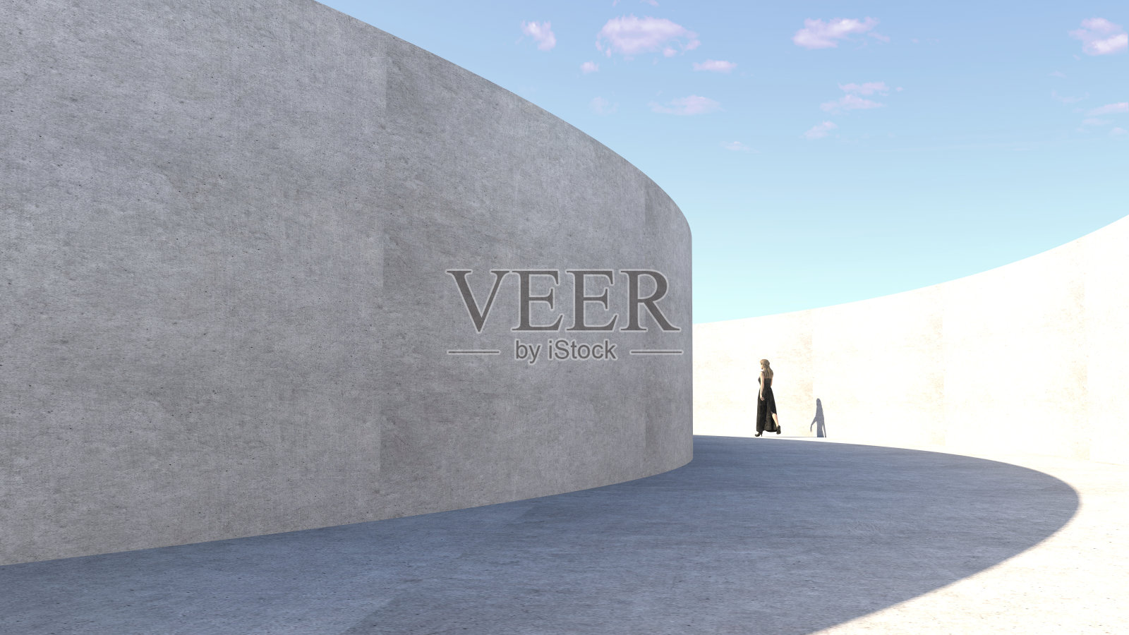 一个女人走在环形走廊里。3 d渲染。这个女人是一个三维物体。照片摄影图片