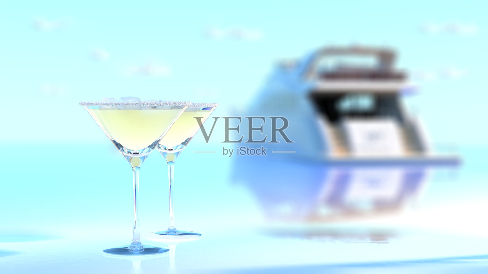 在返回游艇之前，在海滩上享受两杯新鲜的鸡尾酒，面朝天堂般的风景。三维渲染照片摄影图片