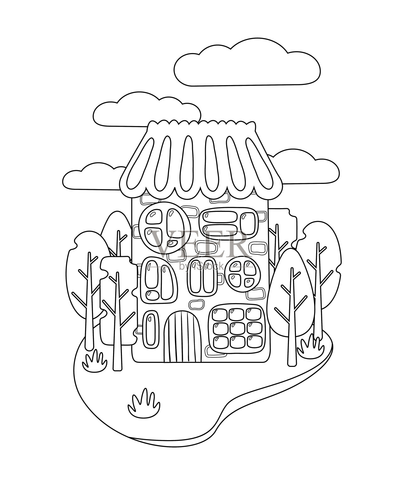 flat art nouveau house的涂色书。有特殊窗户的房子。风景有树有云。涂色本适合小学生，具有简单的教育游戏水平。每股收益10插画图片素材