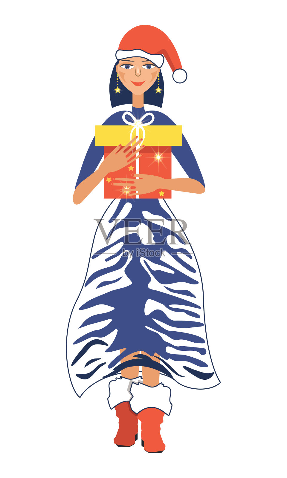 戴着圣诞老人帽子的漂亮女孩。卡通女孩手里拿着一个礼盒。穿着虎纹连衣裙的女孩。插画图片素材