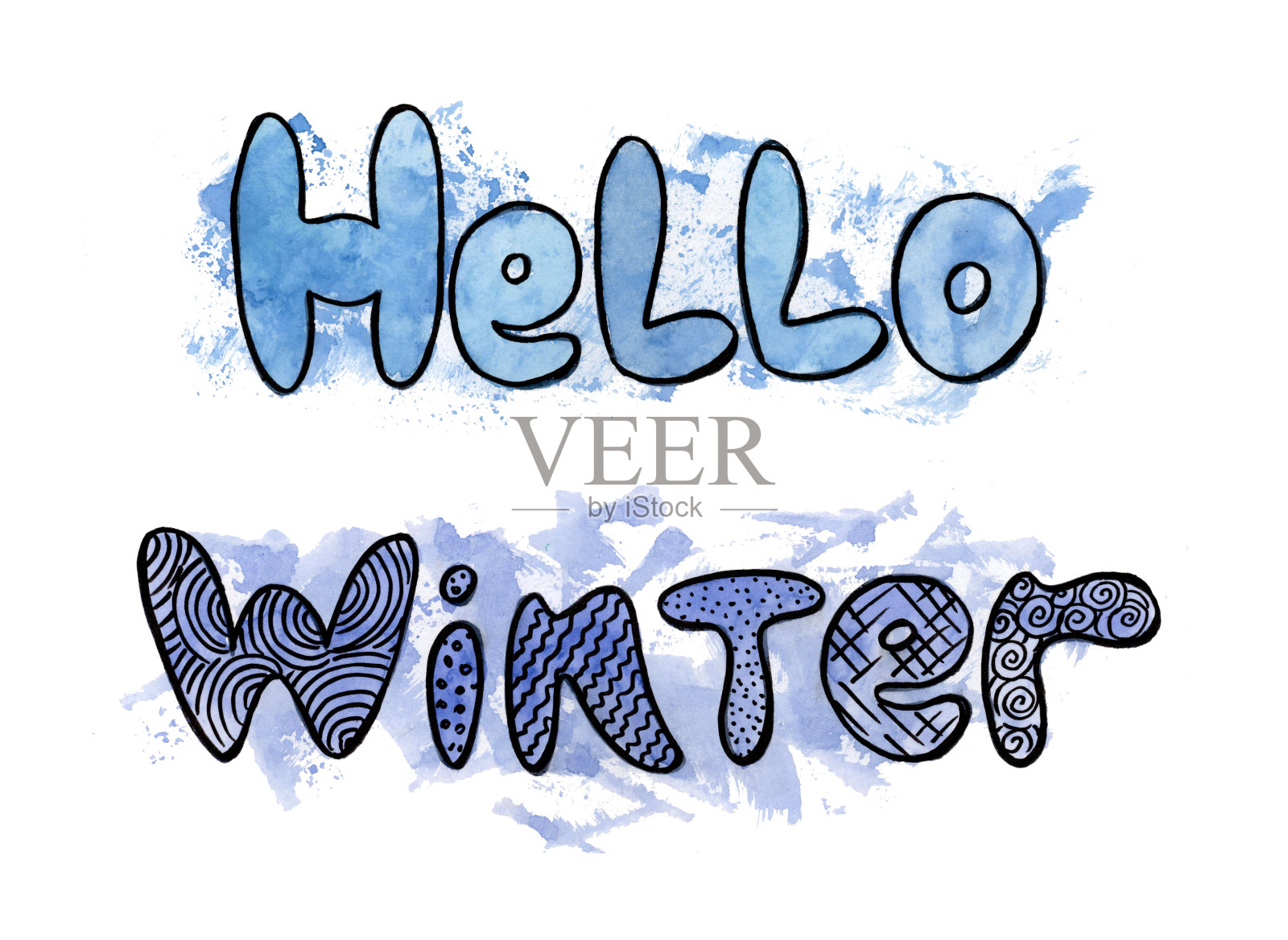 你好冬天-手写字母题字文字冬天设计在白色的背景上。线条艺术黑色脚本和水彩蓝色飞溅。紫色和蓝色插画图片素材