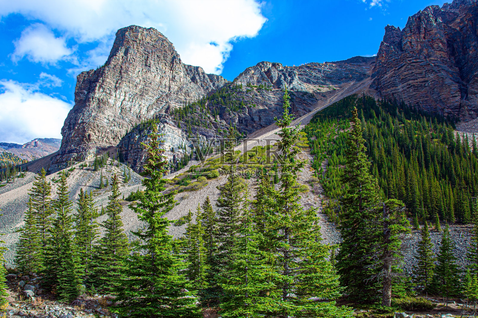 冰碛湖的海岸。壮丽的加拿大落基山脉照片摄影图片