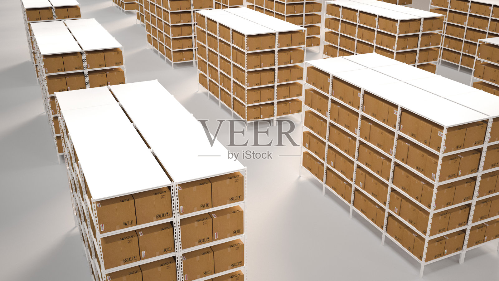 工厂仓库里一排排带箱子的架子。一个洁白干净的仓库。光滑的盒子。样本。结构化的仓库照片摄影图片