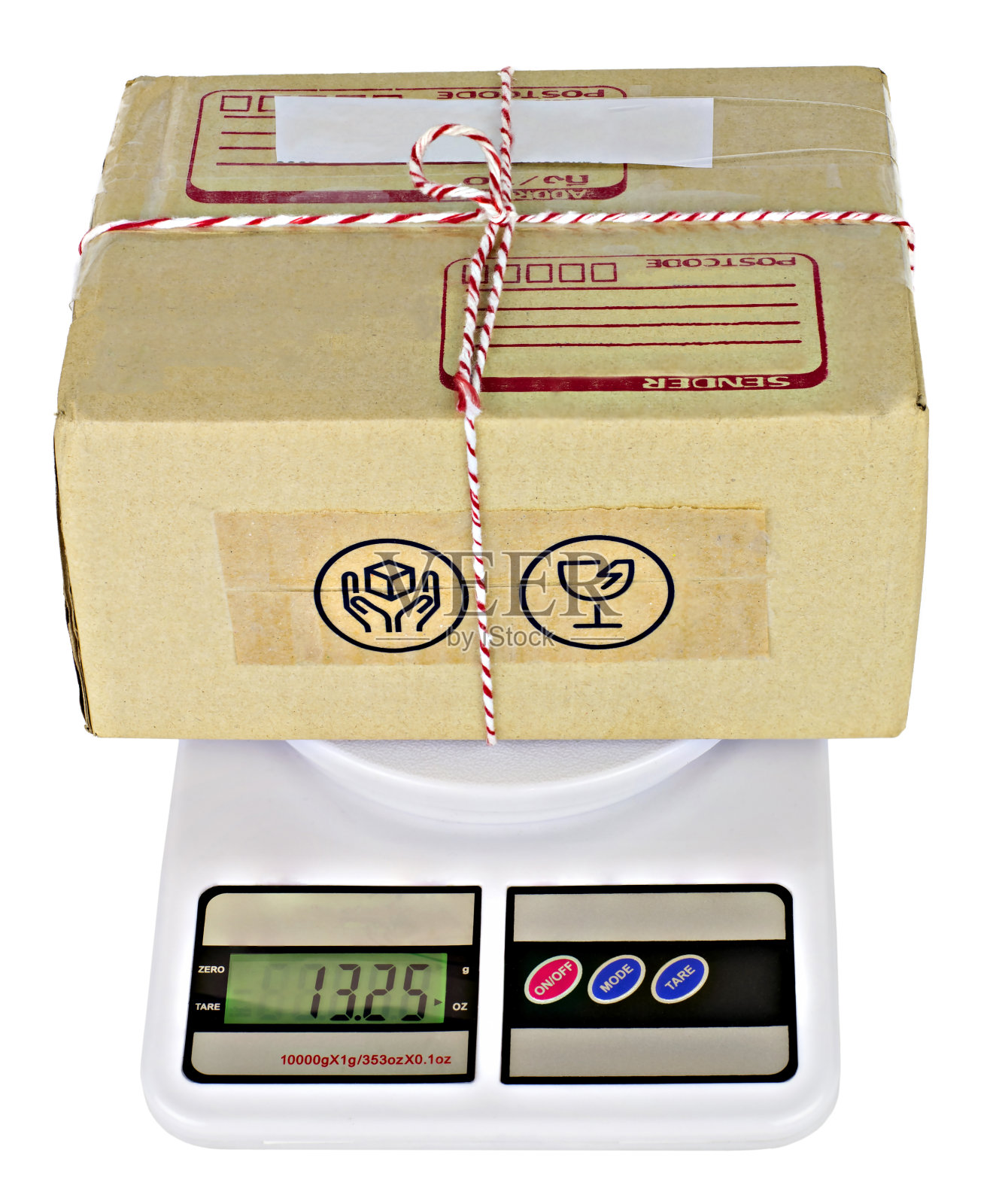 数字刻度的包裹盒或纸箱，隔离在白色背景上。照片摄影图片