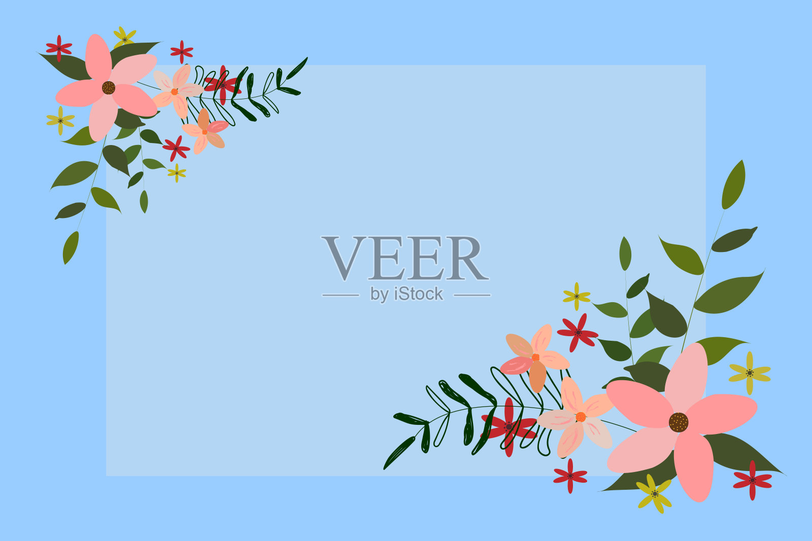 文本框包围了各种鲜花、心和叶子。框架写作与不同的雏菊，心和树叶插画图片素材