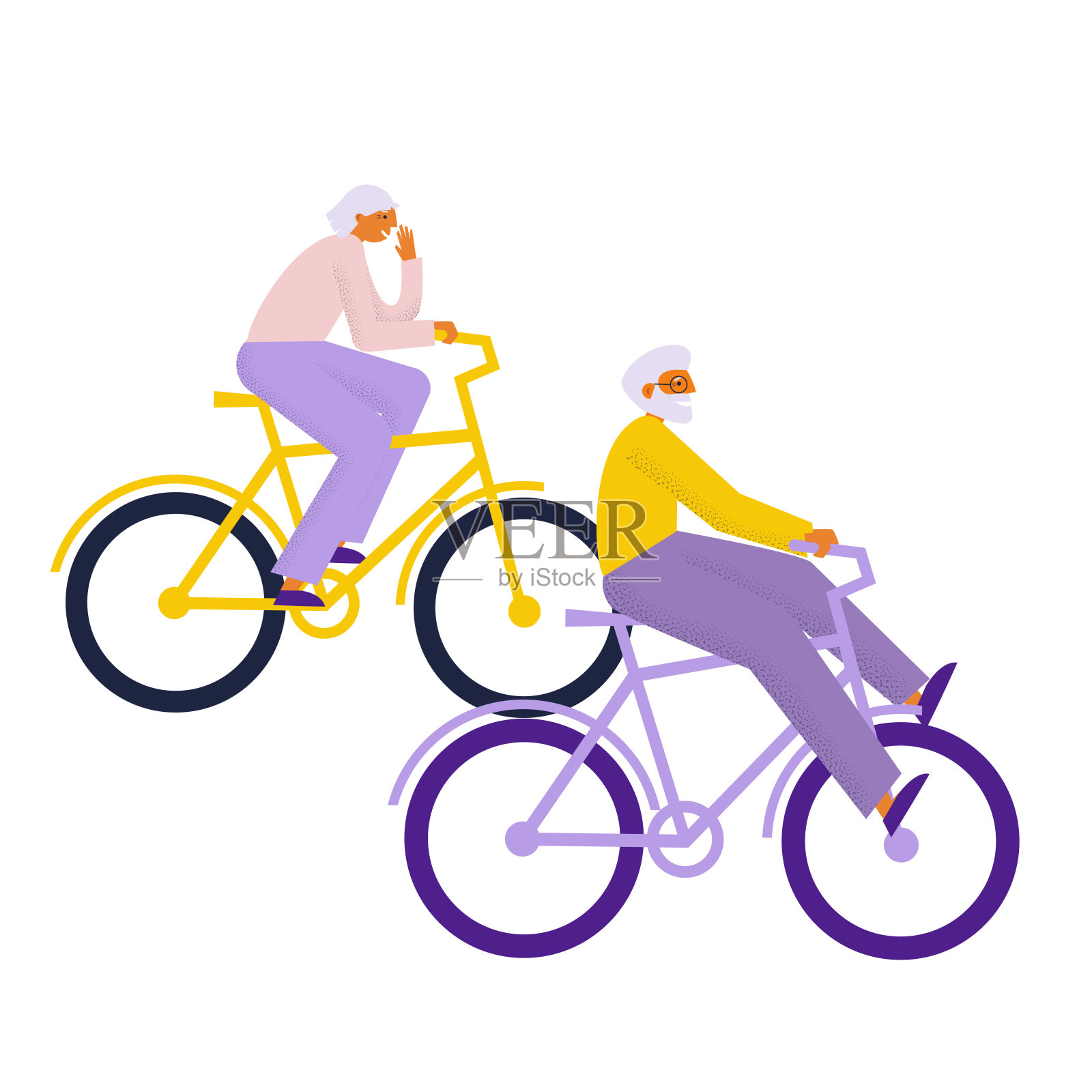 骑自行车的老夫妇。快乐的老人和女士在自行车上玩得很开心。平面向量插图插画图片素材