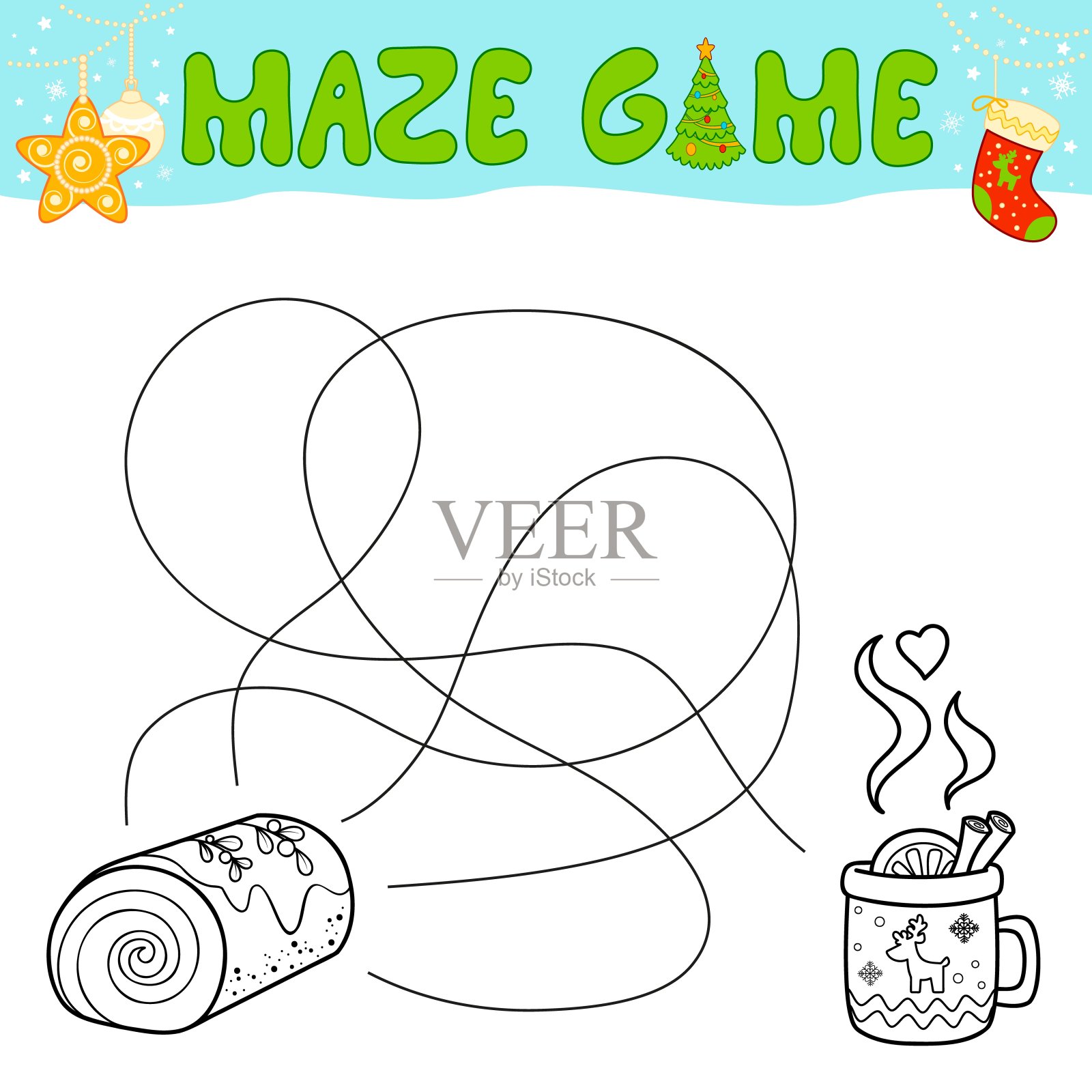圣诞迷宫儿童益智游戏。迷宫或迷宫的轮廓。找到路径游戏与圣诞蛋糕。插画图片素材