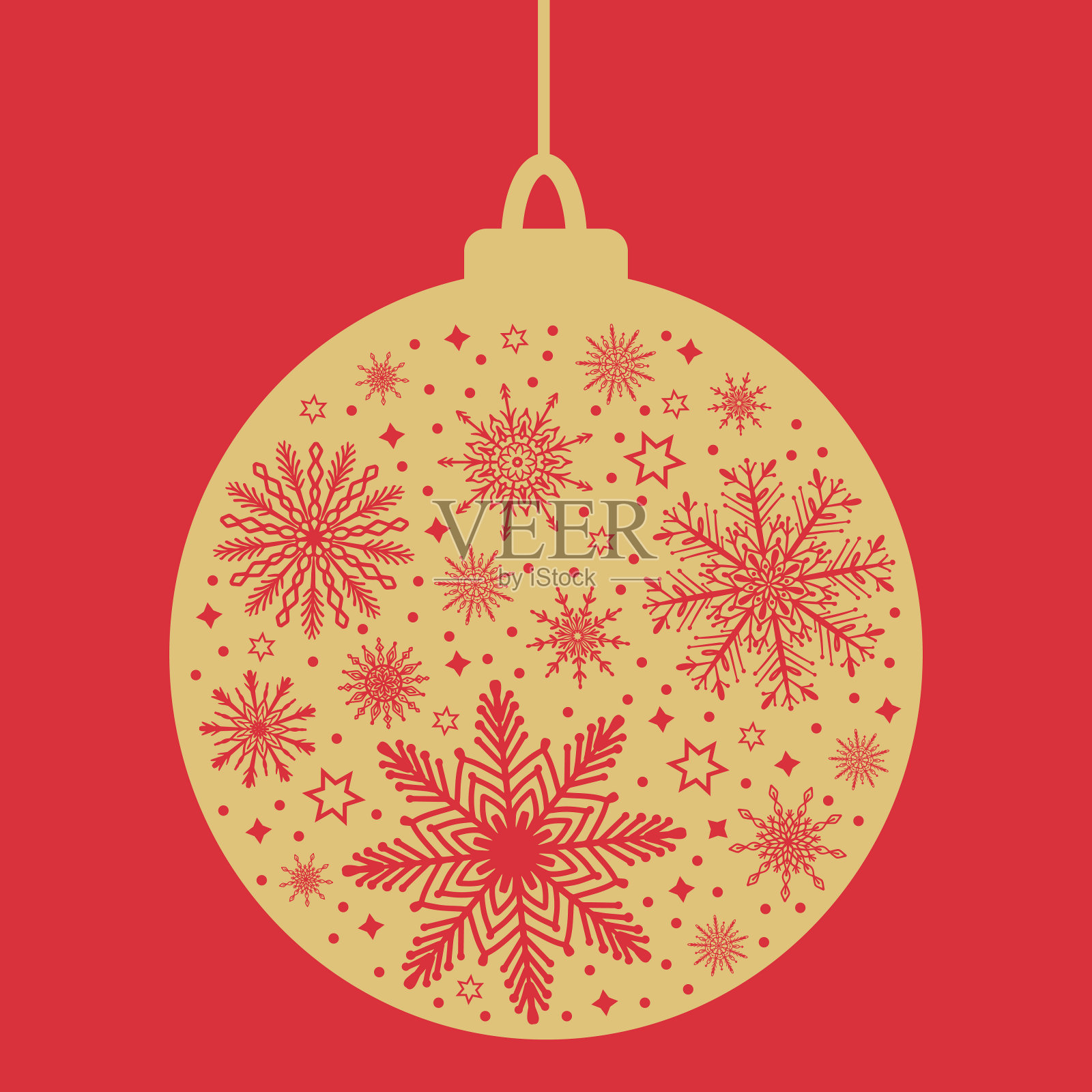 圣诞球装饰物，装饰金色球泡的轮廓与雪花和雪的红色背景。可爱的新年寒假剪贴画，设计元素为贺卡，邀请函，横幅插画图片素材