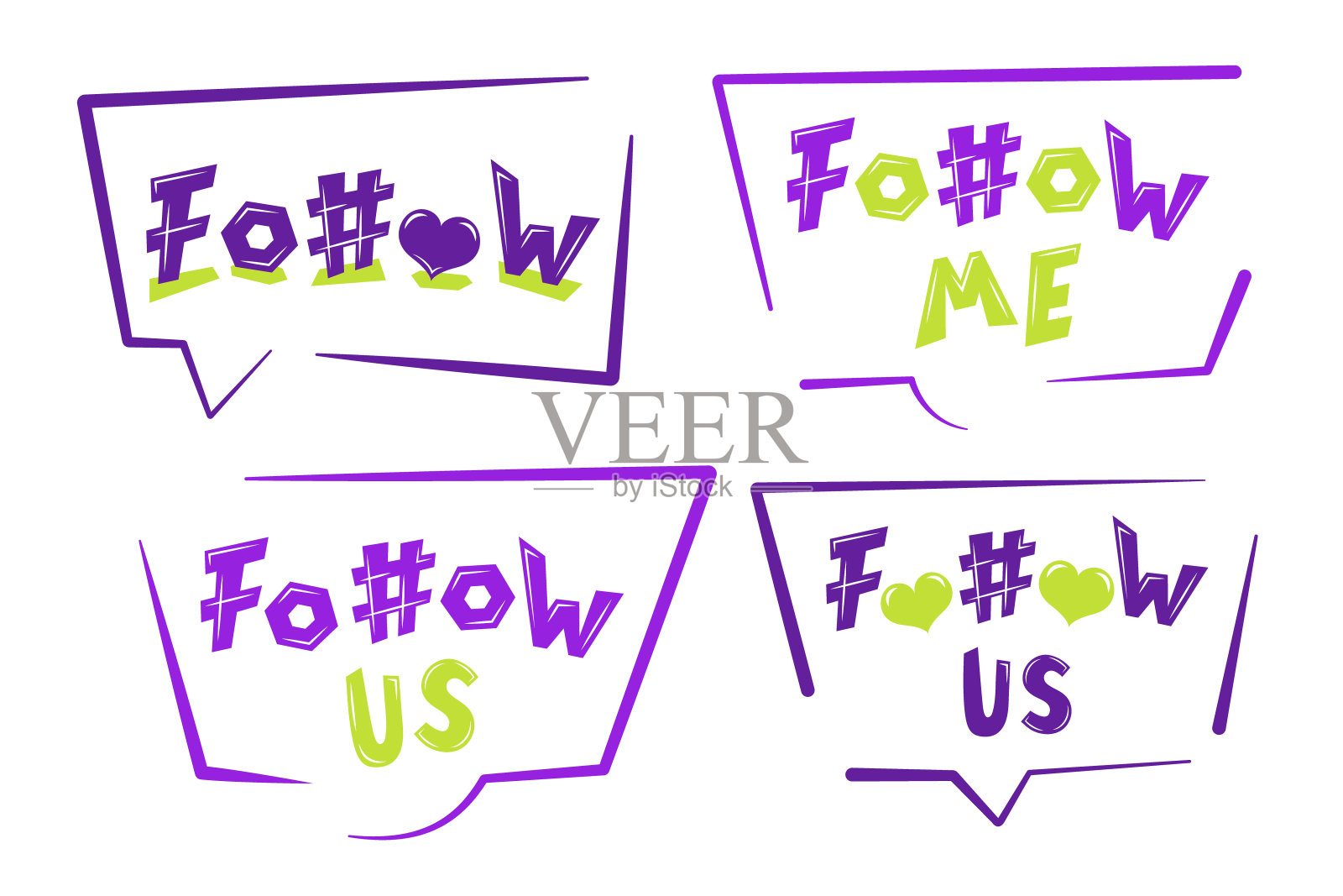 明亮多彩的文字跟随，喜欢，订阅，心，标签，行。社交媒体横幅的概念。矢量插图。插画图片素材