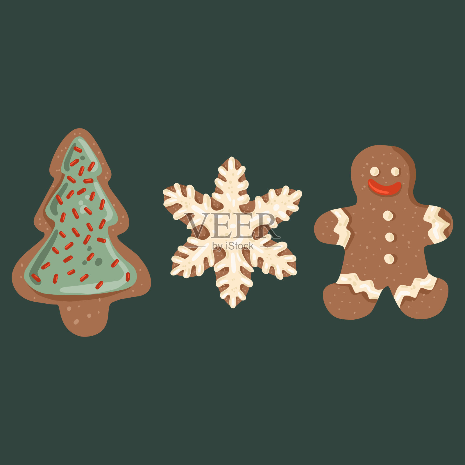 可爱的三套姜饼上釉圣诞饼干绿色的背景。插画图片素材