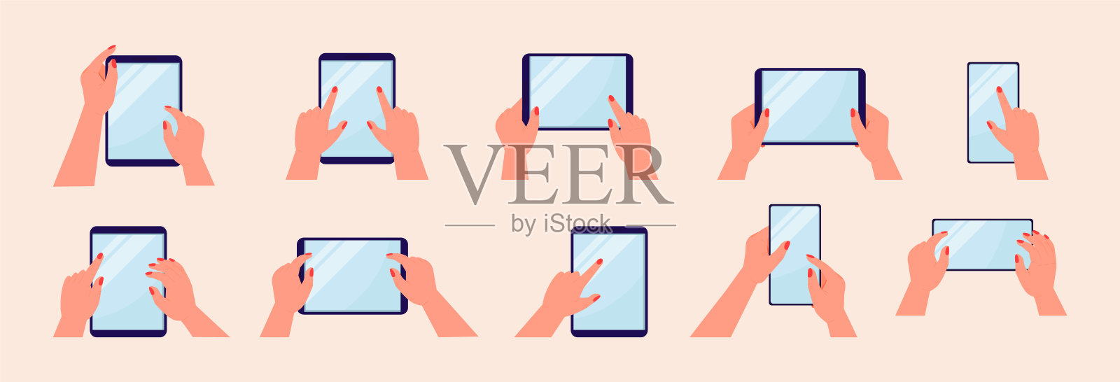 手持平板电脑，智能手机，触摸空屏幕。移动设备多点触摸屏矢量集模型。插画图片素材