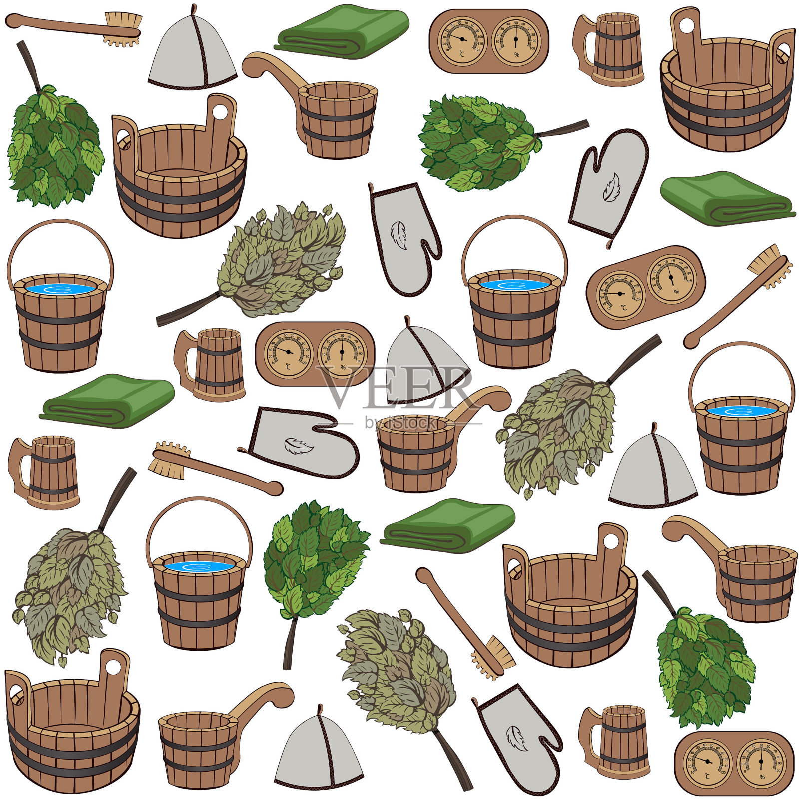 浴室配件的模式。扫帚、帽子、毛巾、脸盆、水桶、刷子、温度计、湿度计、钢包、浴盆。矢量图插画图片素材