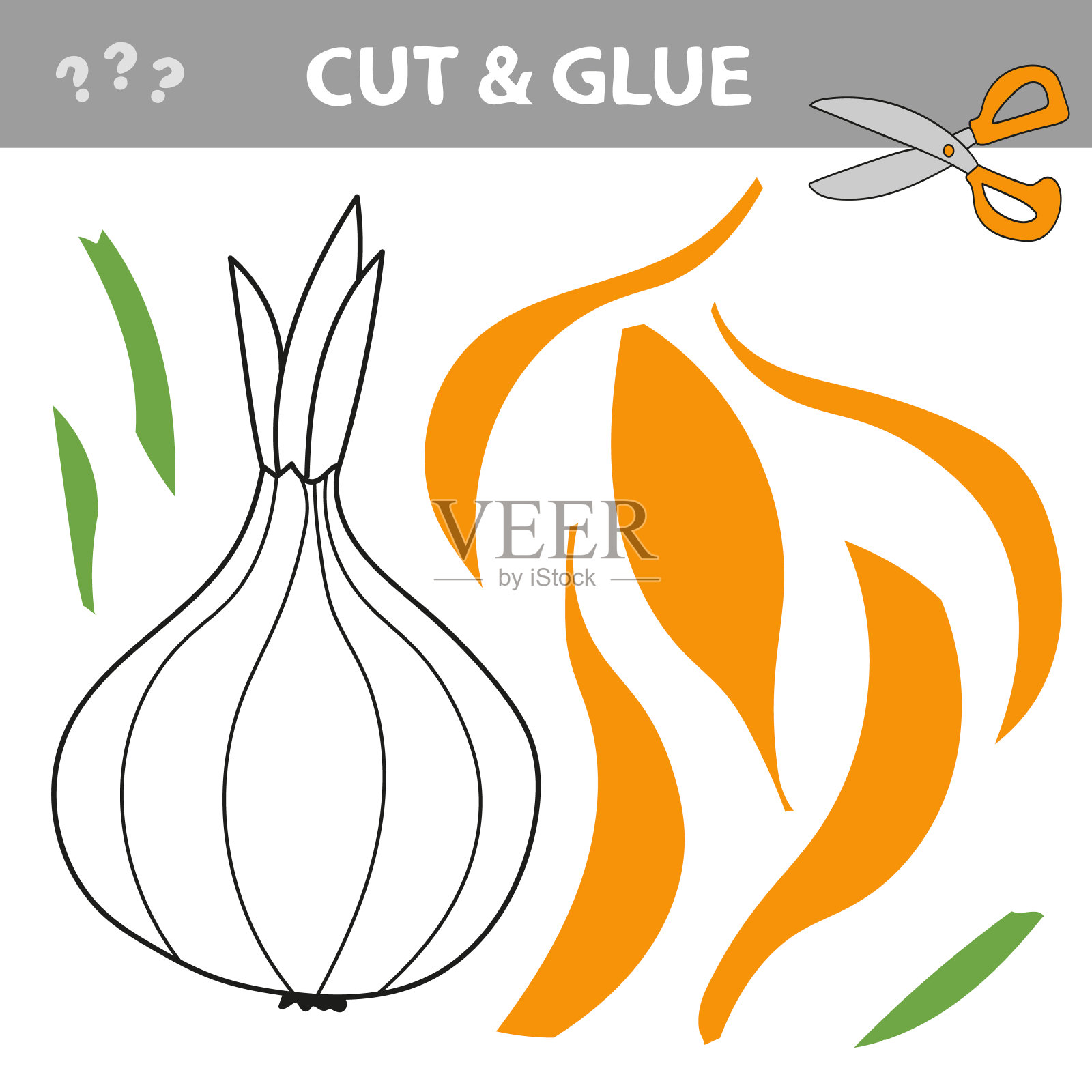 切和粘-简单的游戏为孩子。简单的儿童应用与洋葱插画图片素材