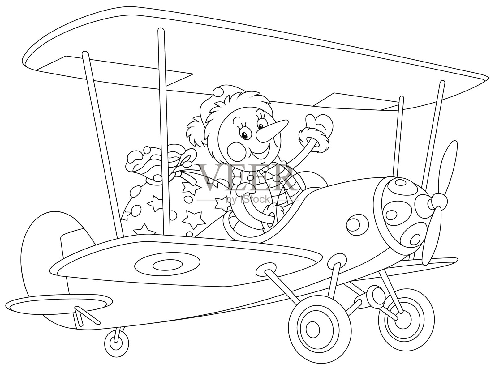 在玩具飞机上带着礼物的雪人插画图片素材