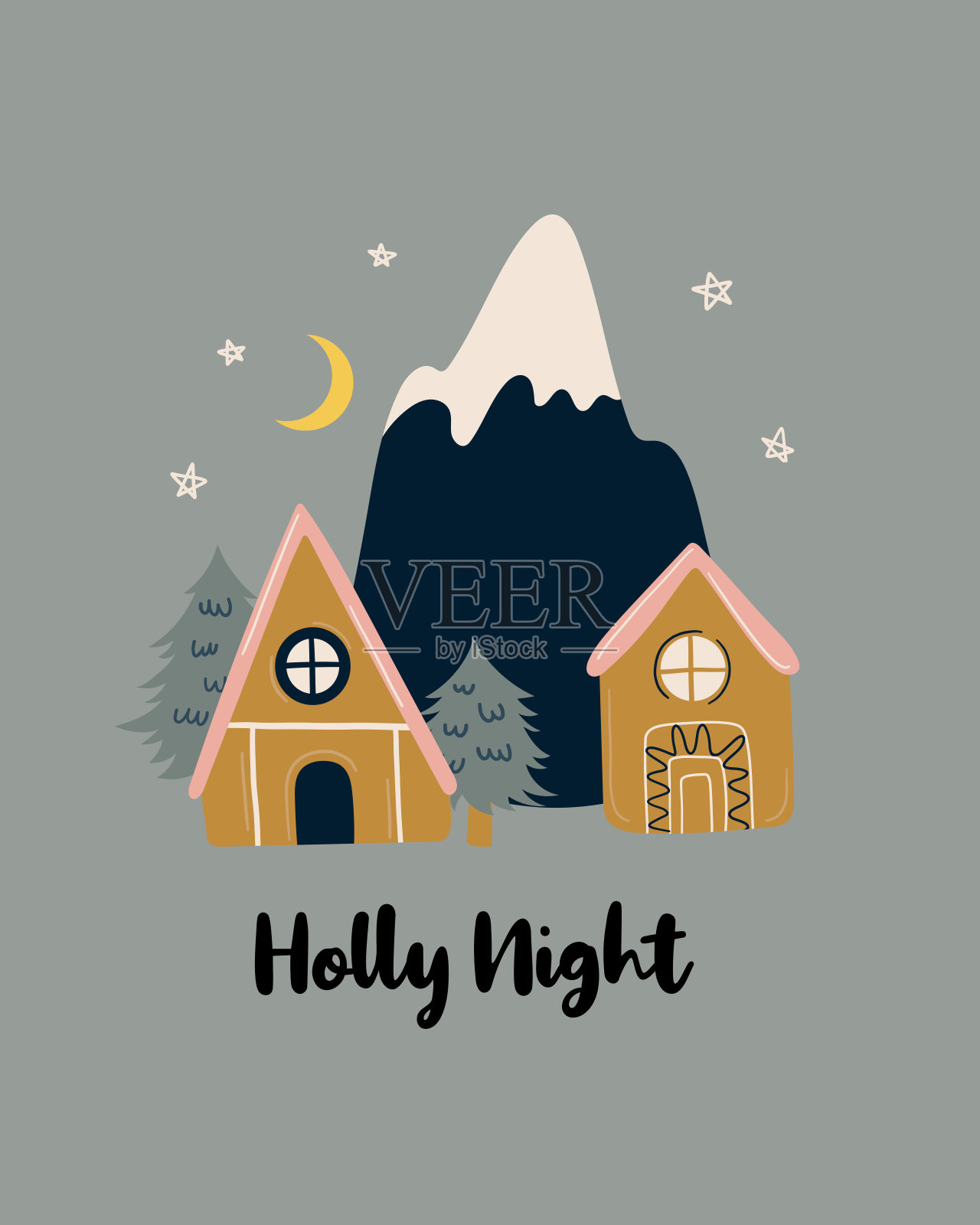 冬青夜景观。圣诞和新年插图，贺卡插画图片素材