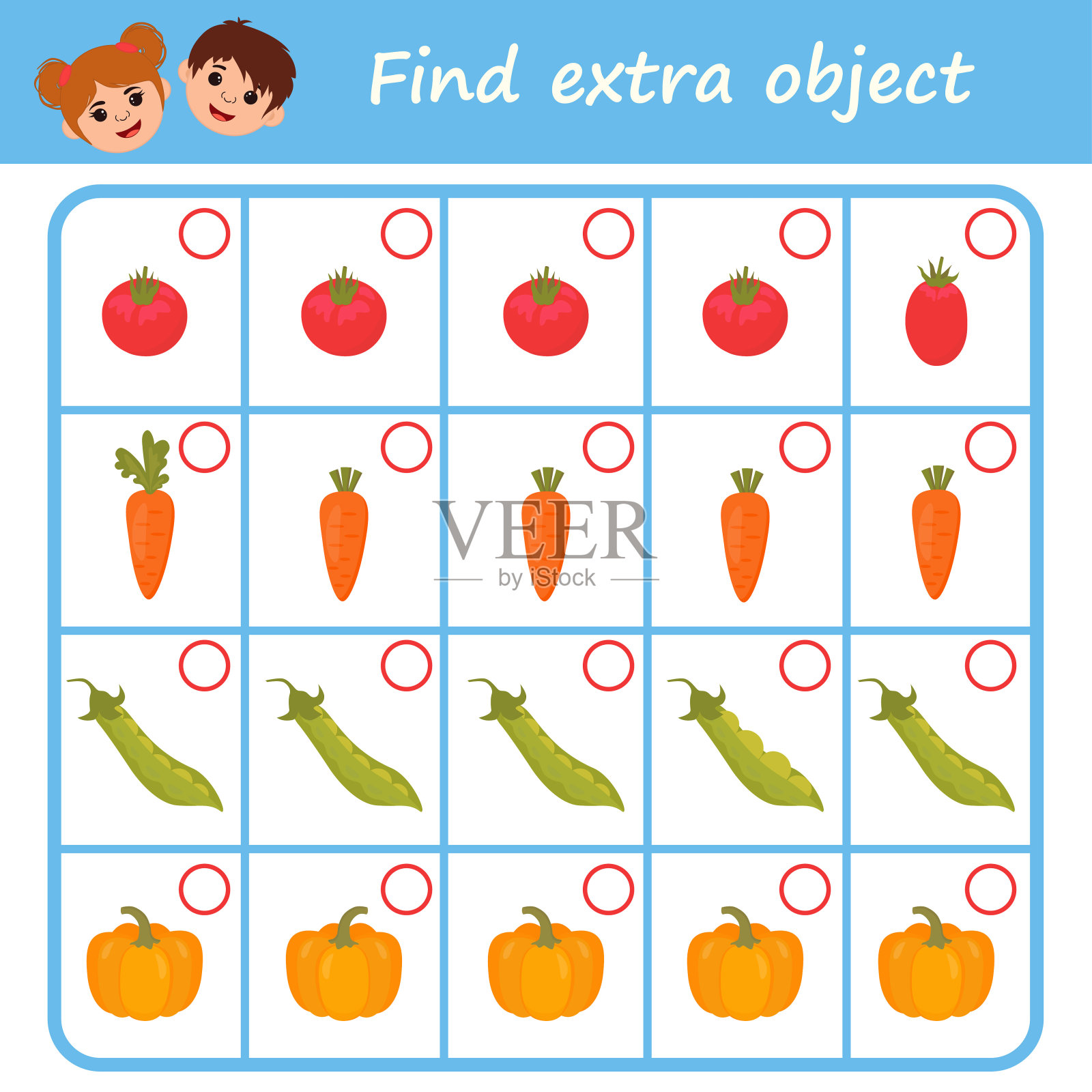 学龄前儿童教育逻辑游戏。在序列行中找到额外的对象。蔬菜。插画图片素材