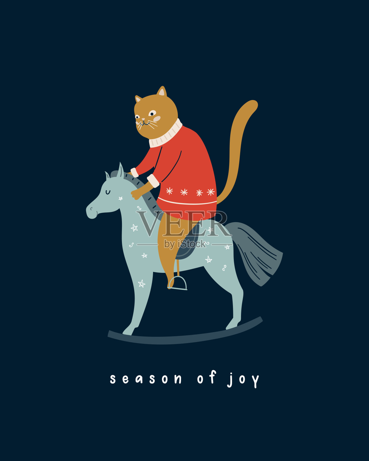 有趣的猫骑着玩具马。圣诞和新年插图，贺卡插画图片素材