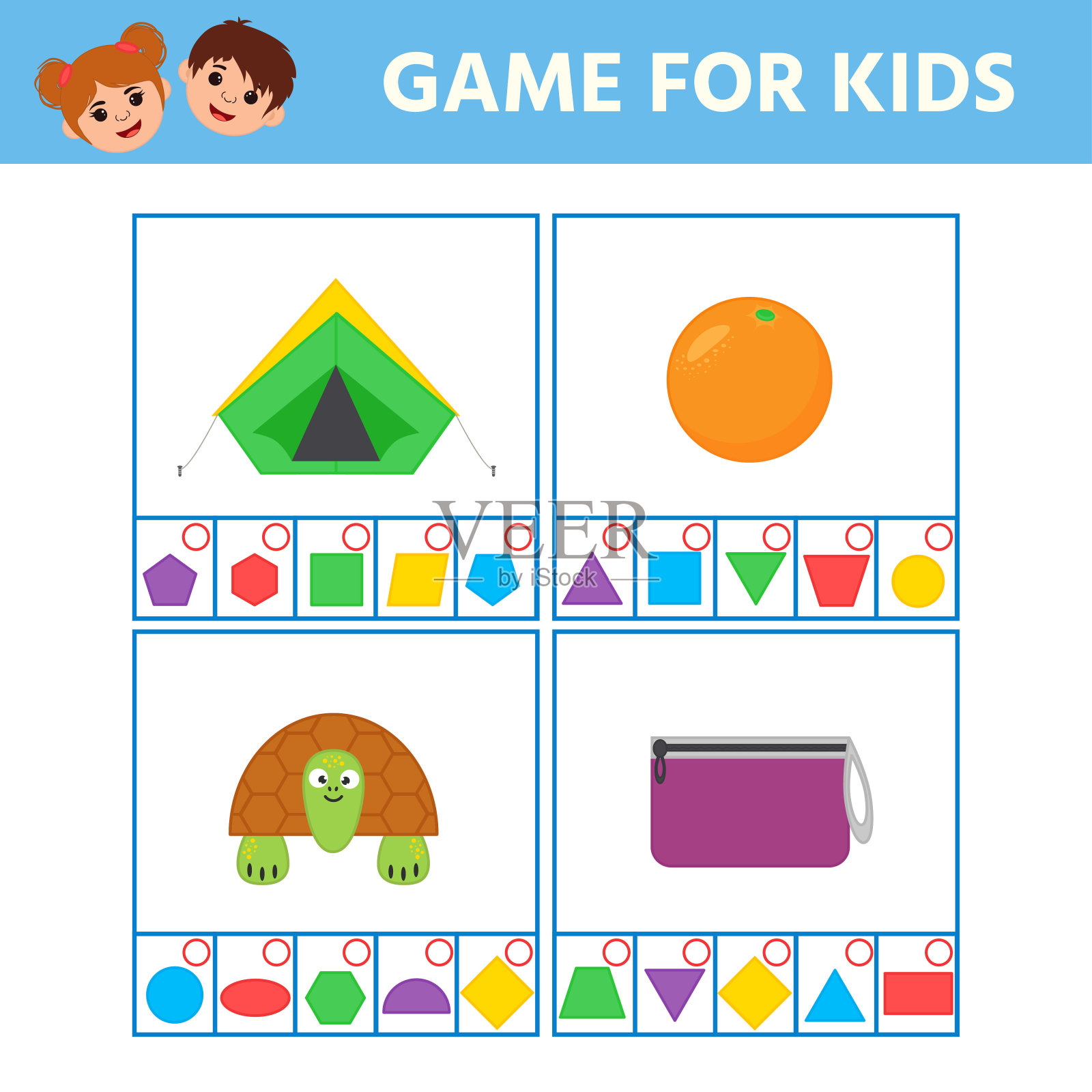 儿童教育工作表。游戏为儿童与彩色几何图形:三角形，正方形，圆形，矩形。插画图片素材