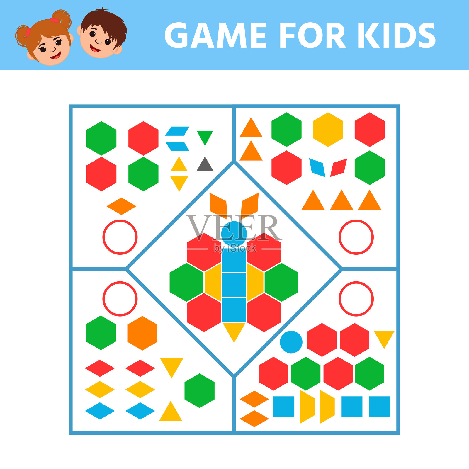 教育逻辑游戏有利于学前儿童逻辑思维的发展。连接细节和丰富多彩的几何形状。插画图片素材