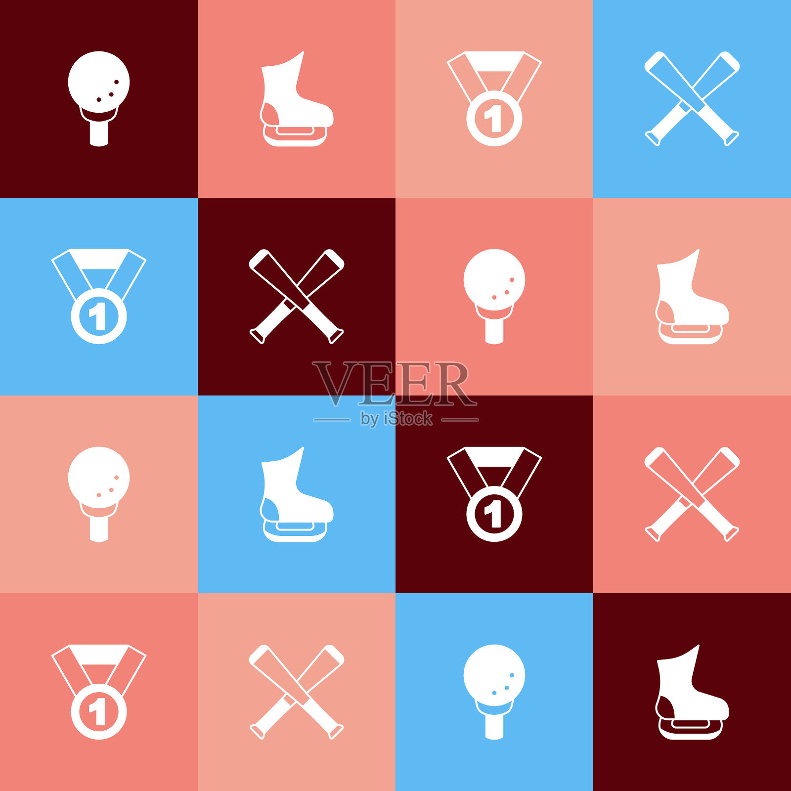 设置流行艺术高尔夫球tee，溜冰鞋，奖牌和交叉棒球棒图标。向量插画图片素材