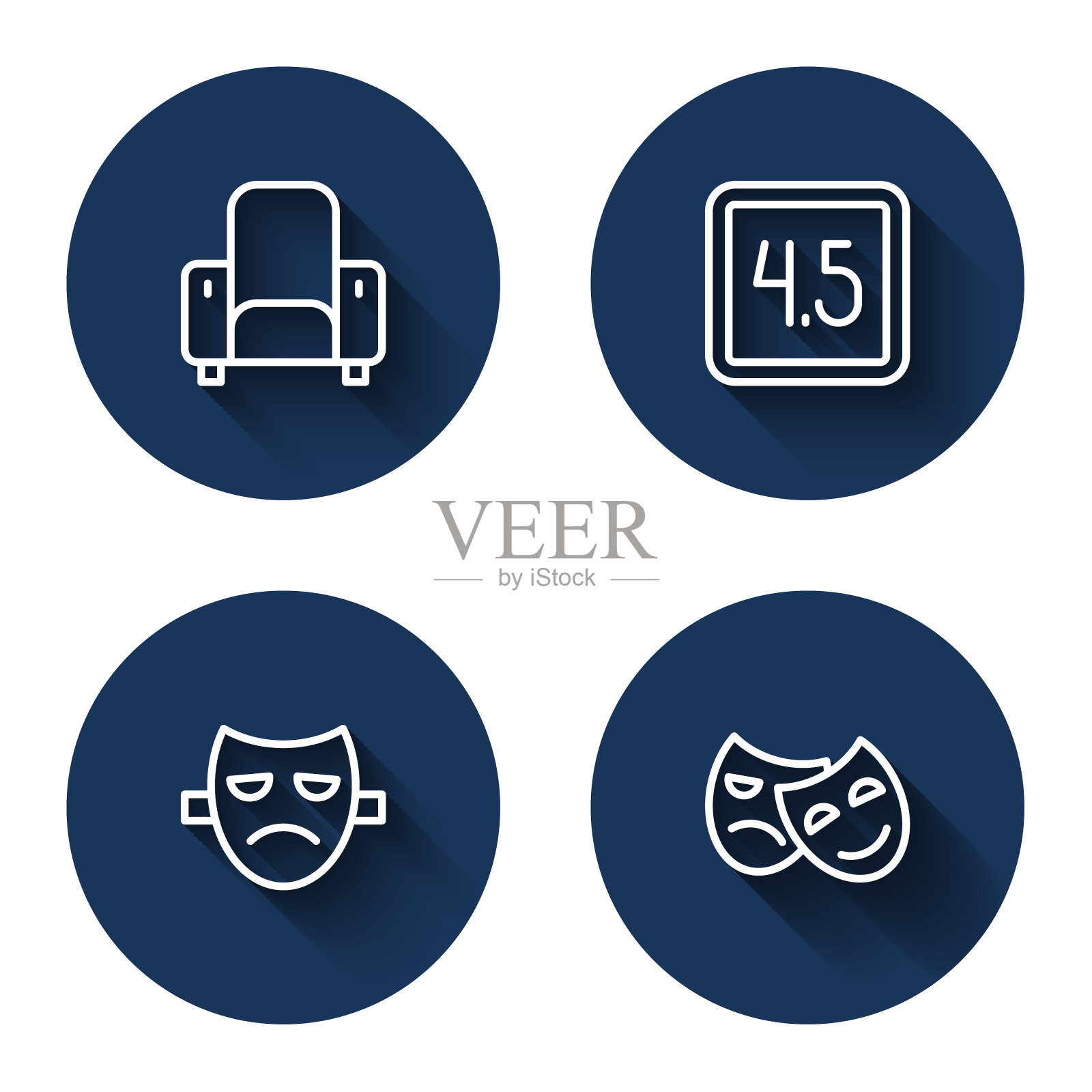 布景线电影院椅，评级电影，戏剧戏剧面具和喜剧和悲剧面具长影子。蓝色圆按钮。向量插画图片素材