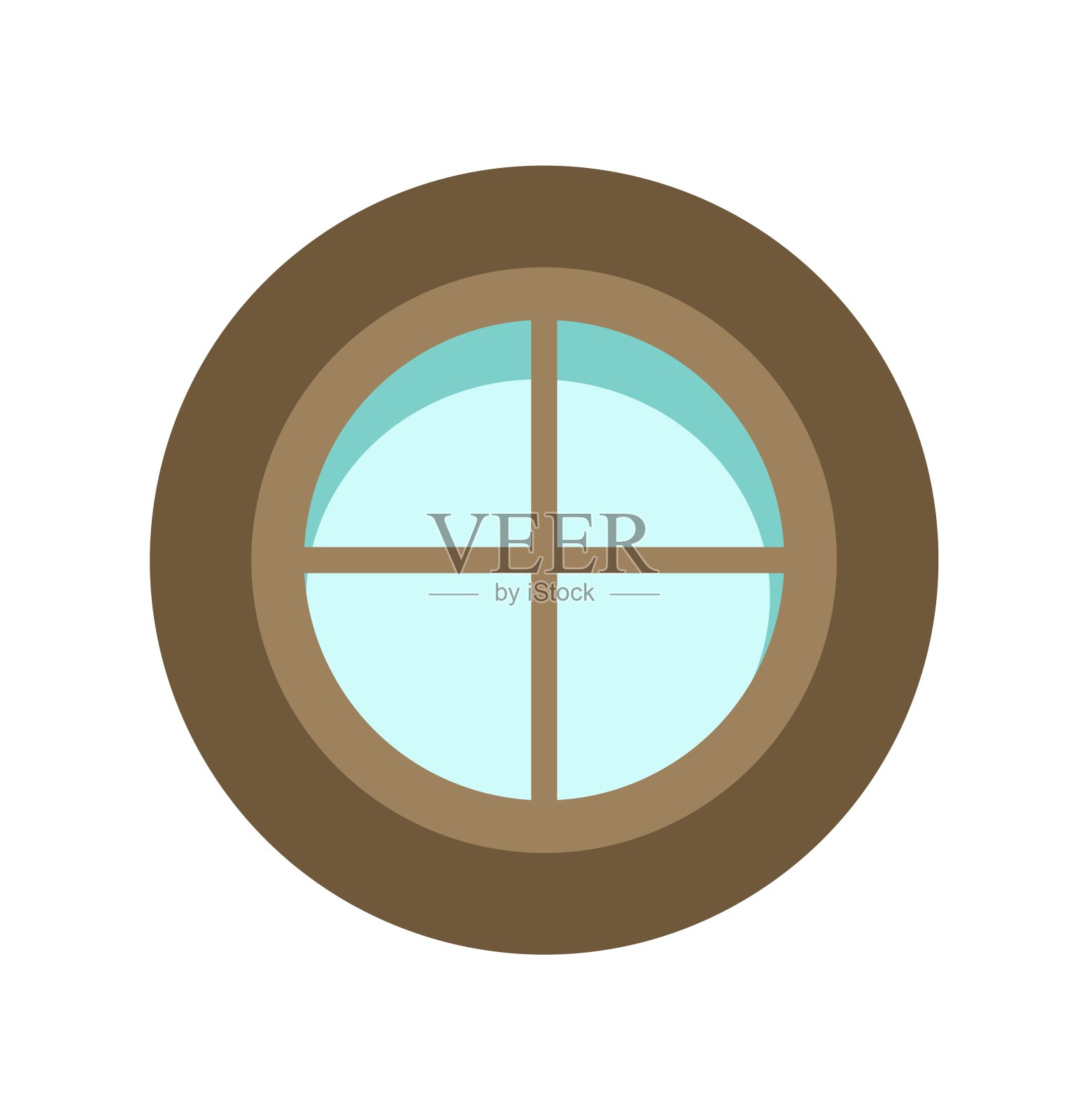 窗口是圆的。简约、平淡的风格。蓝色的玻璃。的一天。卡通可爱童话设计。孤立在白色背景。向量插画图片素材