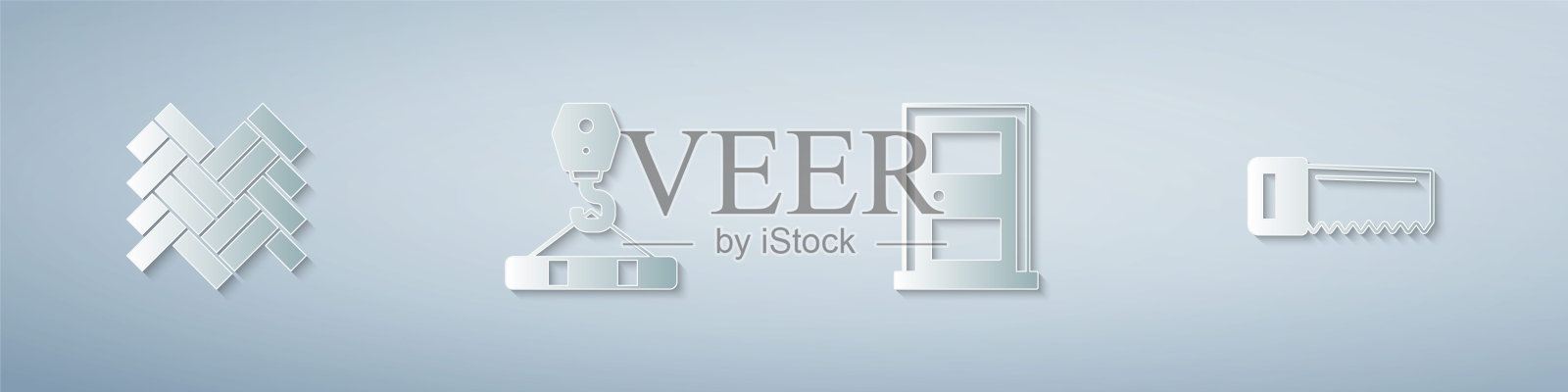 设置镶木地板，吊钩，闭门和手锯。纸艺术风格。向量插画图片素材