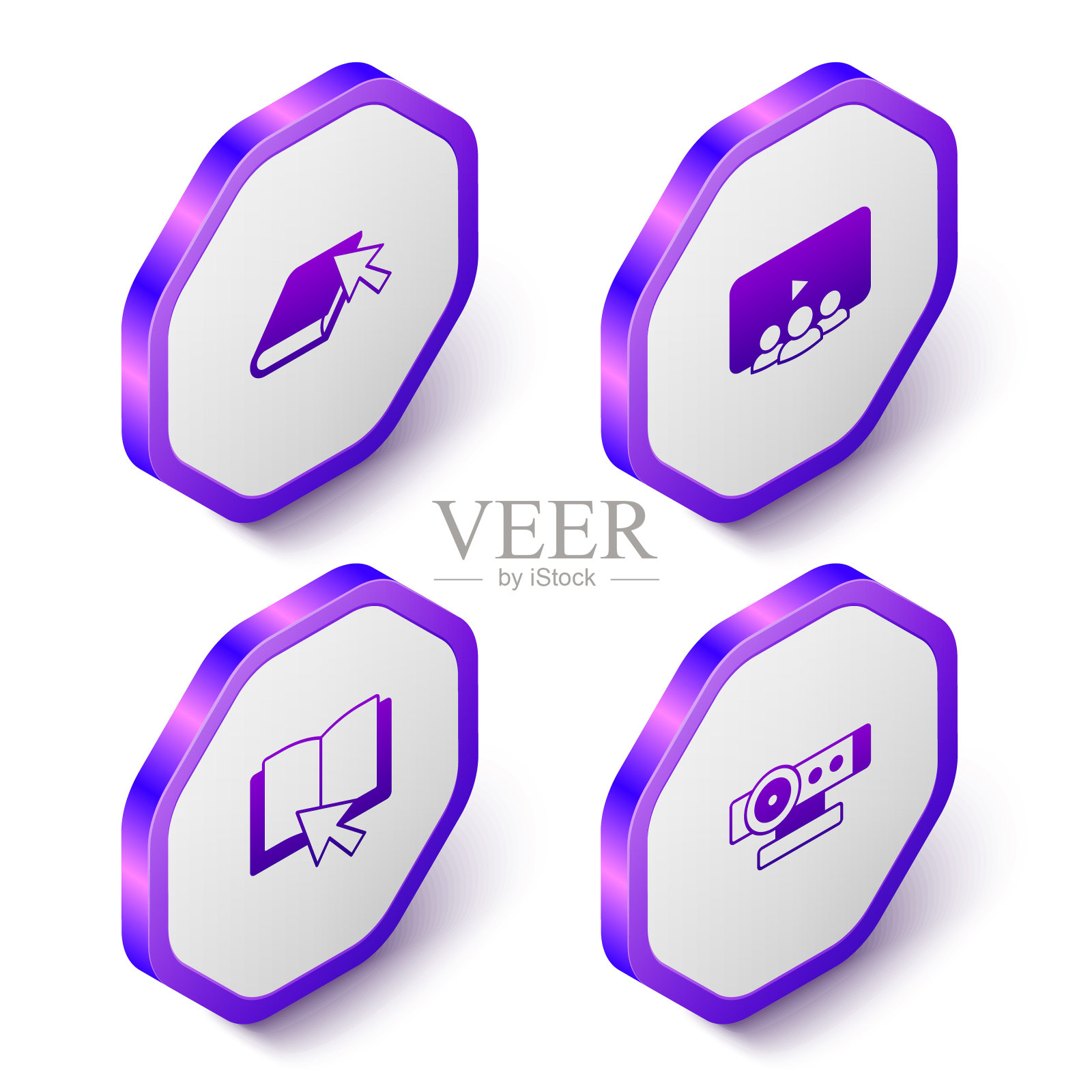 设置等距在线书籍、类和网络相机图标。紫色的六角按钮。向量图标素材