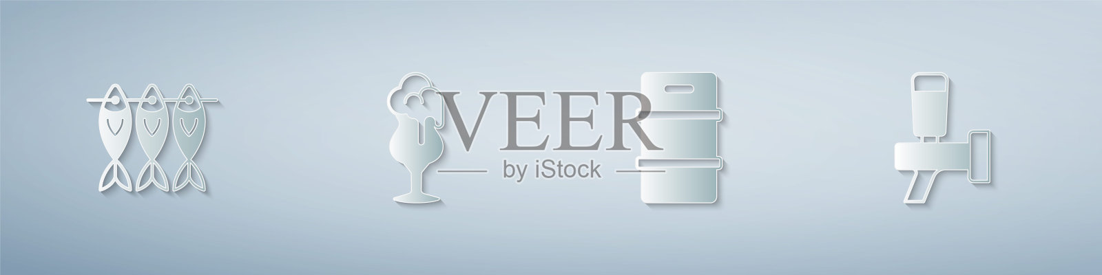 设置鱼干，啤酒杯，金属桶和啤酒龙头。纸艺术风格。向量插画图片素材