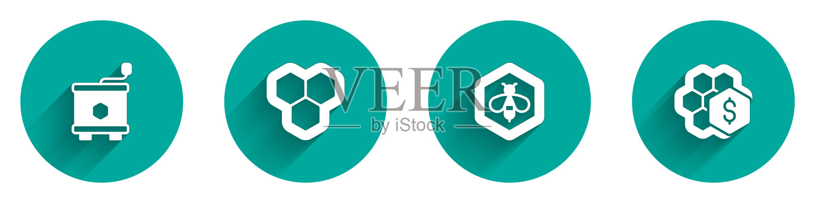 集采蜜器，蜂巢，蜜蜂和蜂巢图标销售与长影子。向量图标素材