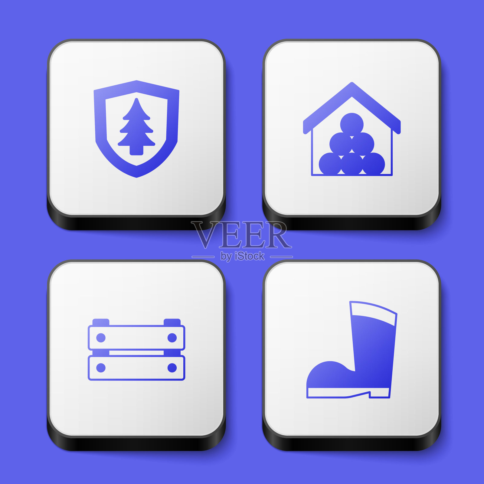 设置盾牌与树，木头，箱子和防水橡胶靴子图标。白色正方形按钮。向量图标素材