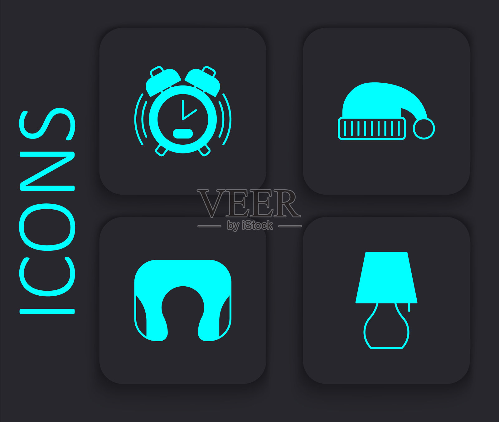 设置台灯，闹钟，睡帽和旅行颈枕图标。黑色方形按钮。向量图标素材