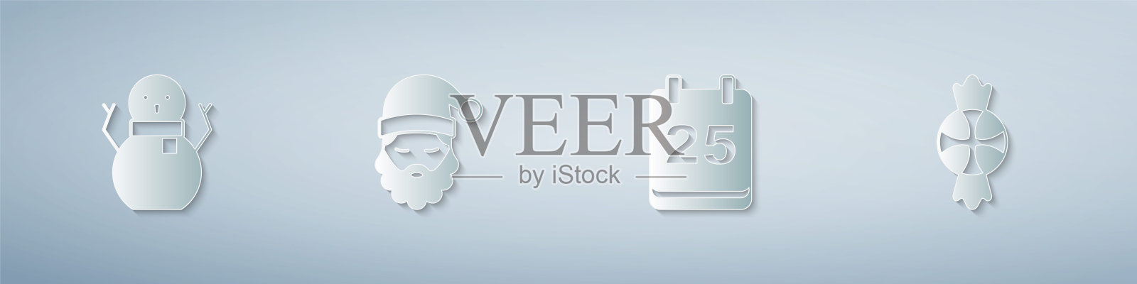 设置圣诞雪人，圣诞老人的帽子和胡子，日历和糖果。纸艺术风格。向量插画图片素材