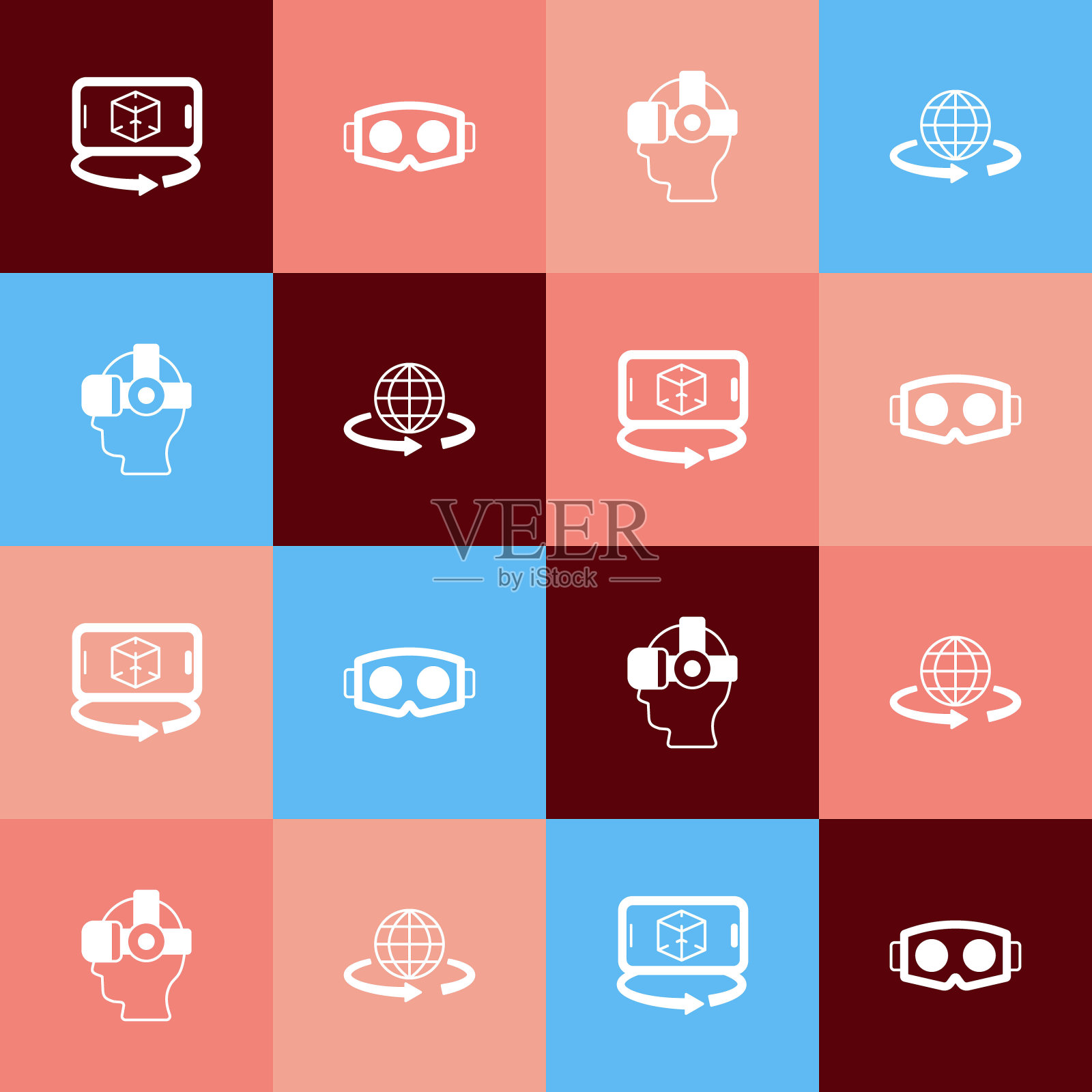 设置流行艺术3d建模，虚拟现实眼镜，和图标。向量插画图片素材