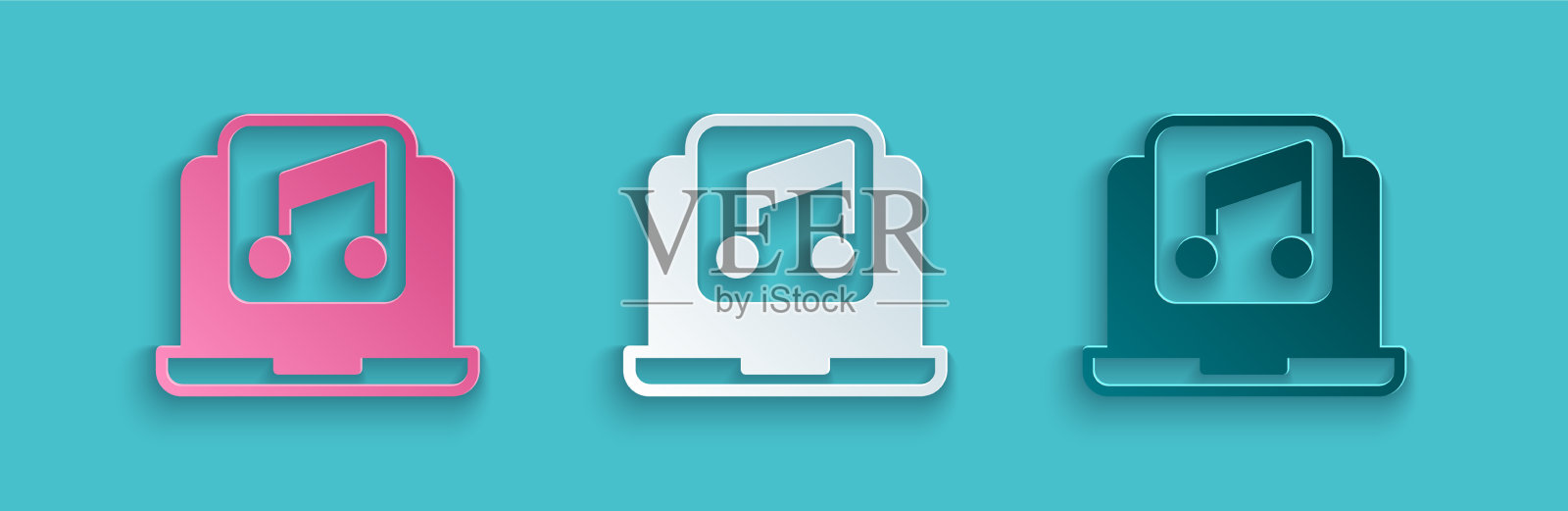 剪纸笔记本电脑与音乐音符符号在屏幕上图标素材