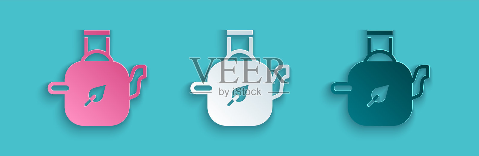 剪纸茶壶与叶子图标孤立在蓝色插画图片素材