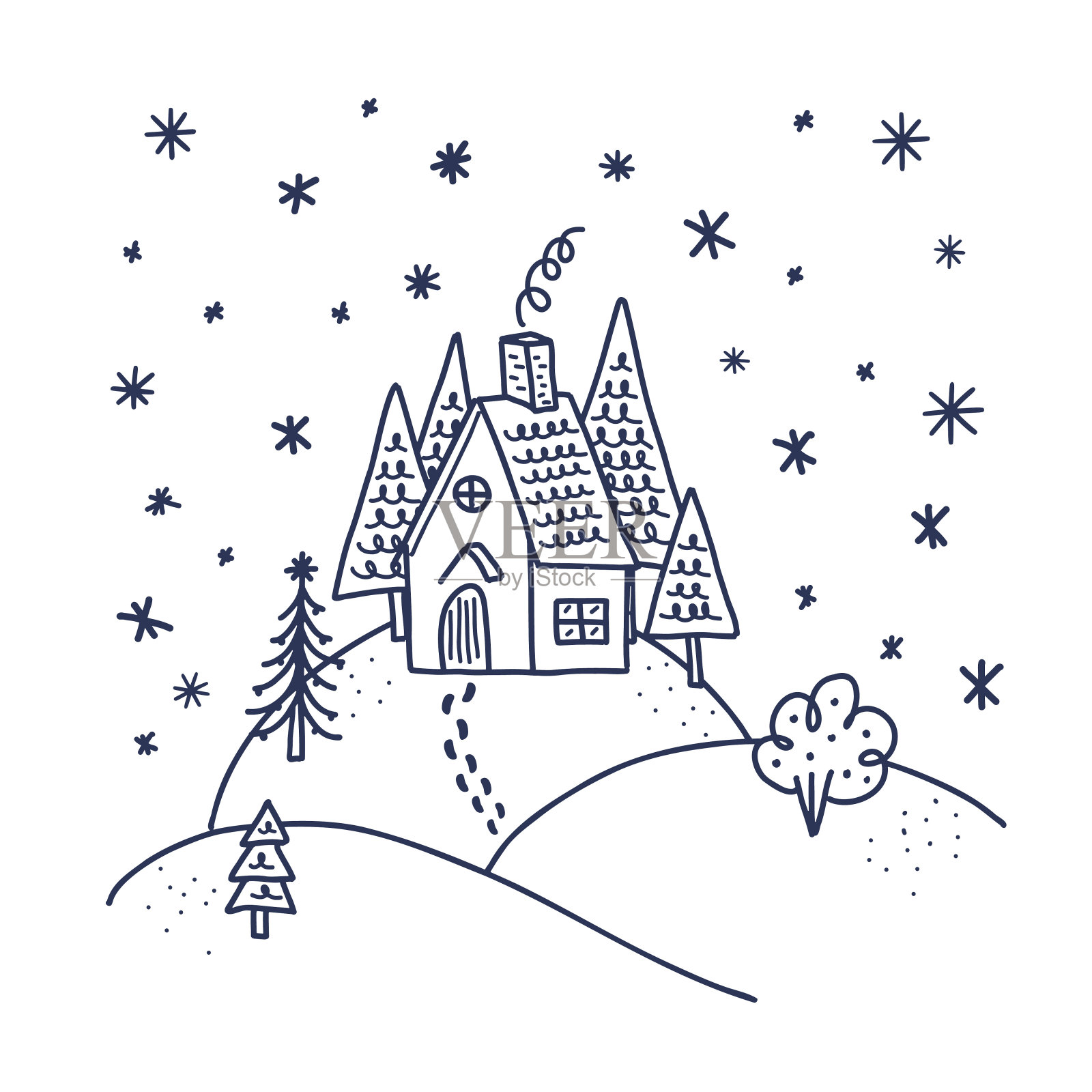 山丘上的房子插图。涂鸦风格。贺卡模板。冬季季节性插图印刷，横幅，背景，贺卡和请柬装饰和设计插画图片素材