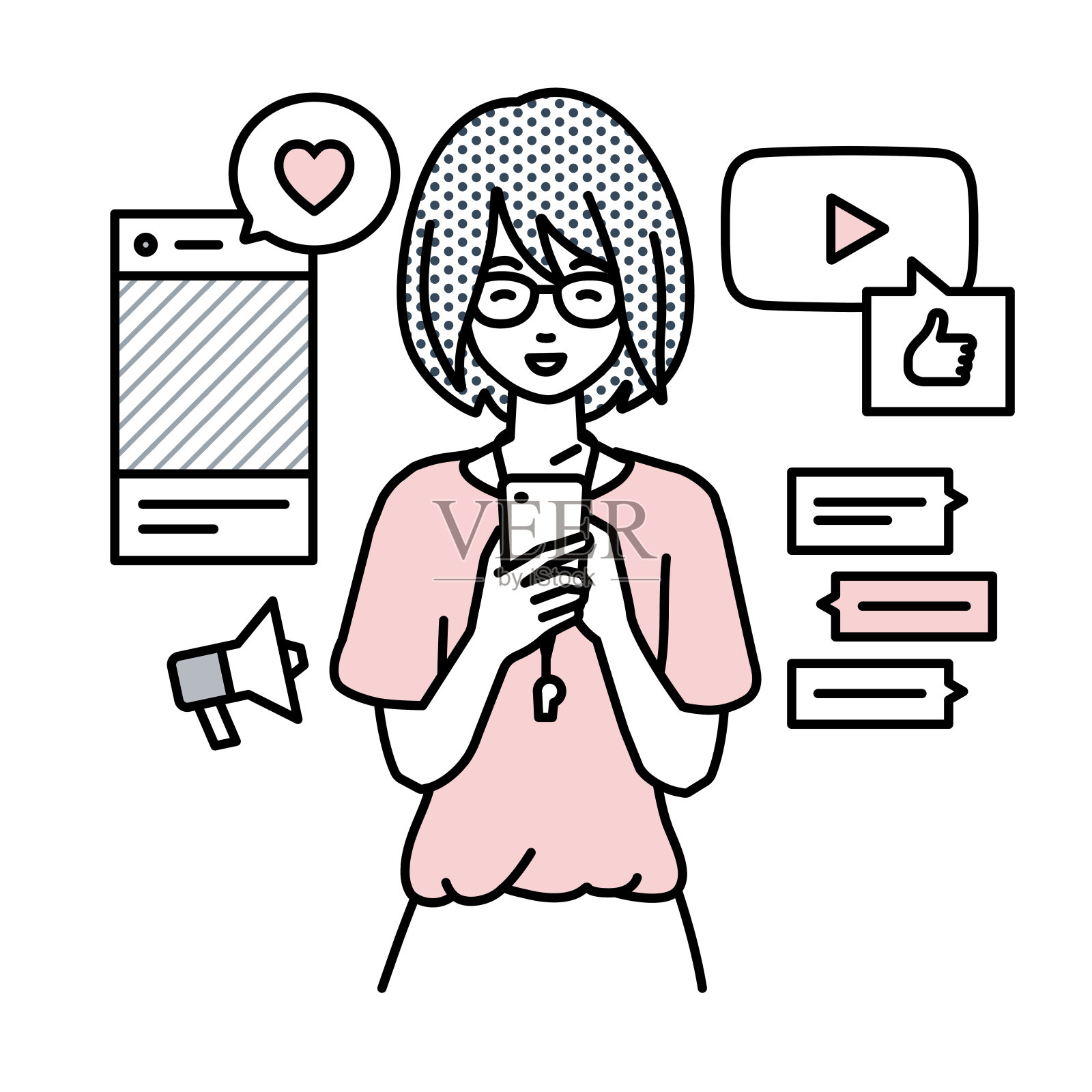 一名女教师在各种社交网络和聊天工具上享受着交流，她站在那里看着手中的智能手机插画图片素材