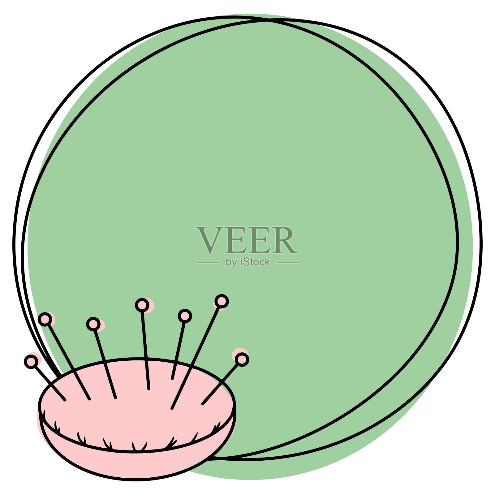 淡绿色的框架，用于刺绣，粉红色的枕头，画一条线，象征图标设计元素图片