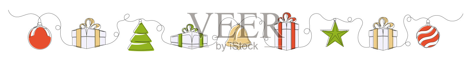 彩色圣诞符号的连续单线图画插画图片素材