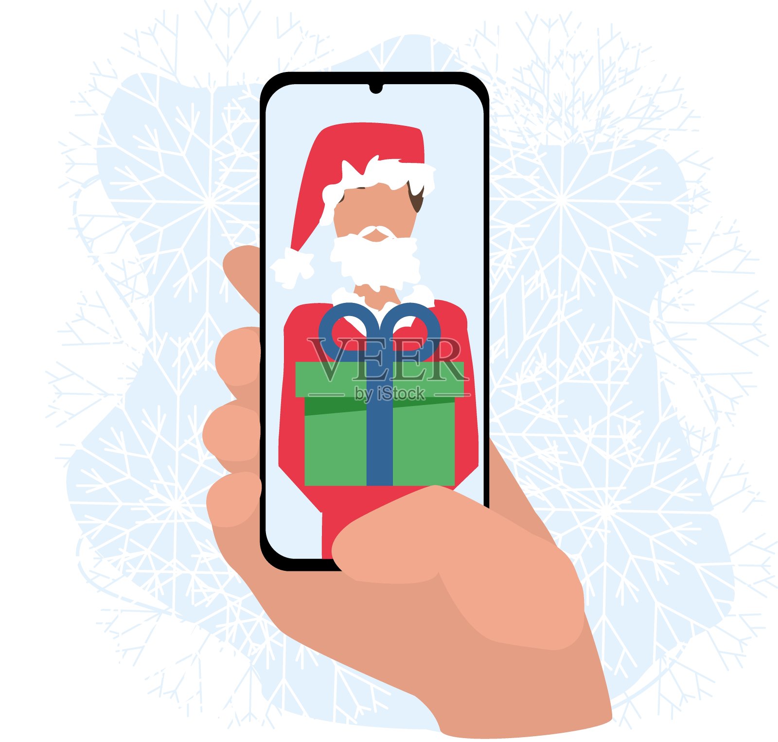 圣诞老人用手中的智能手机，通过视频通话，祝贺圣诞，并赠送礼物。插画图片素材