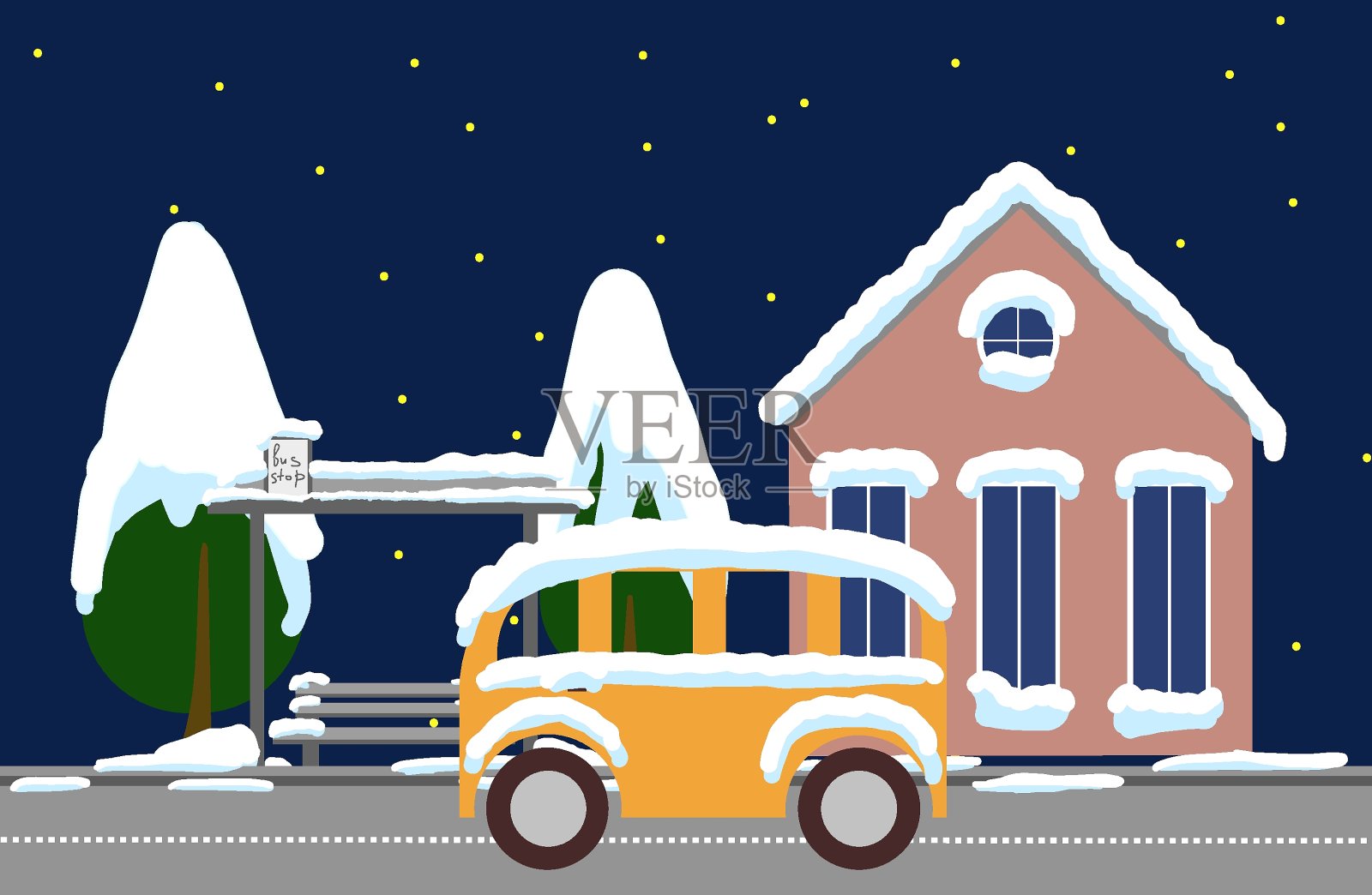 圣诞快乐小镇房屋夜空矢量贺卡插画图片素材